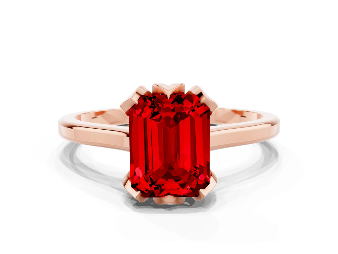 Rose gold Emerald Cut Ruby Solitaire Ring with Flower Prong Setting and Classic Band_12