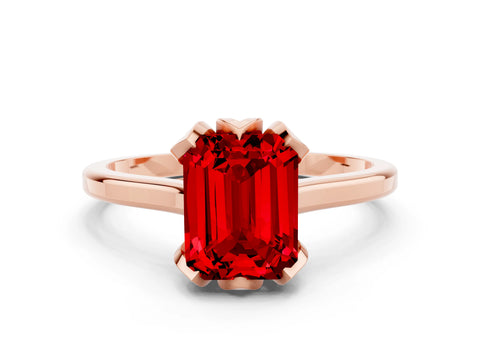 Rose gold Emerald Cut Ruby Solitaire Ring with Flower Prong Setting and Classic Band_12
