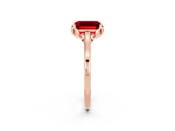 Rose gold Emerald Cut Ruby Solitaire Ring with Flower Prong Setting and Classic Band