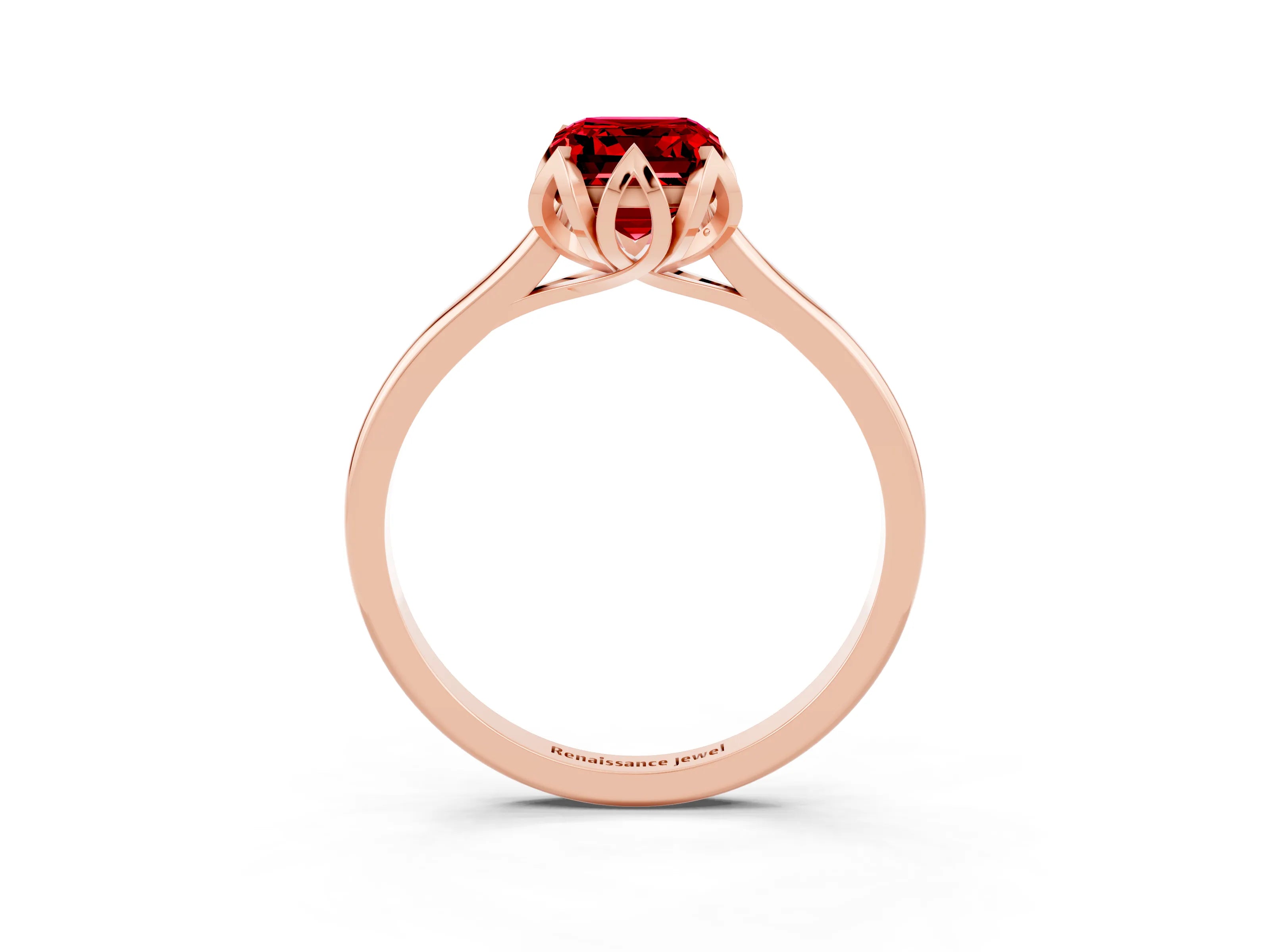 Rose gold Emerald Cut Ruby Solitaire Ring with Flower Prong Setting and Classic Band_15