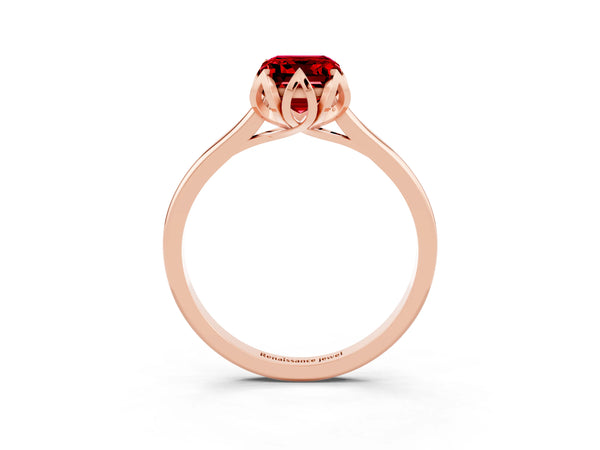 Rose gold Emerald Cut Ruby Solitaire Ring with Flower Prong Setting and Classic Band