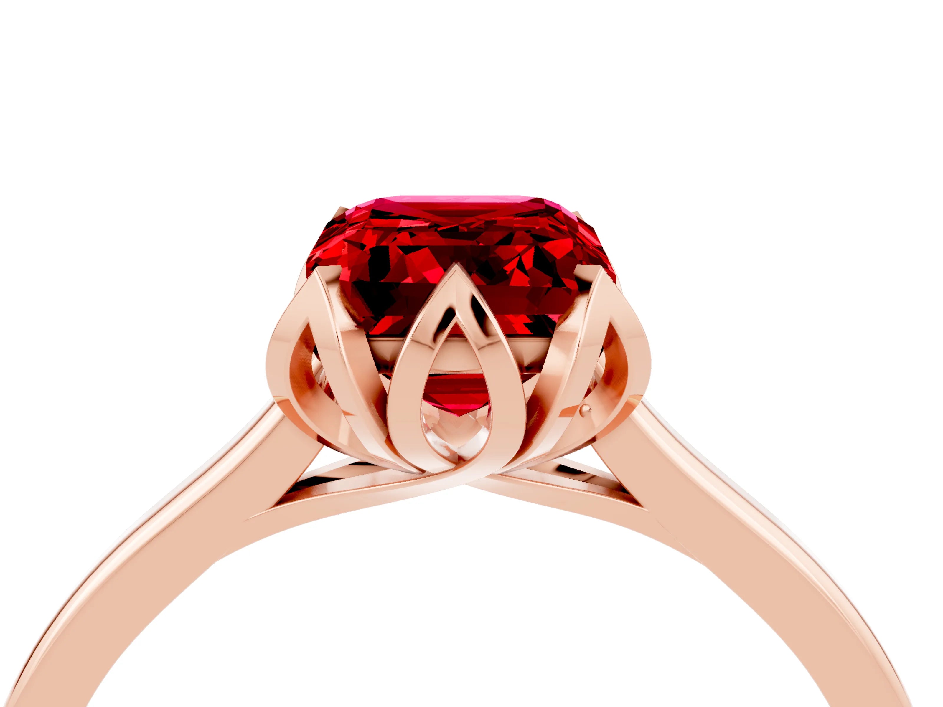 Rose gold Emerald Cut Ruby Solitaire Ring with Flower Prong Setting and Classic Band_16