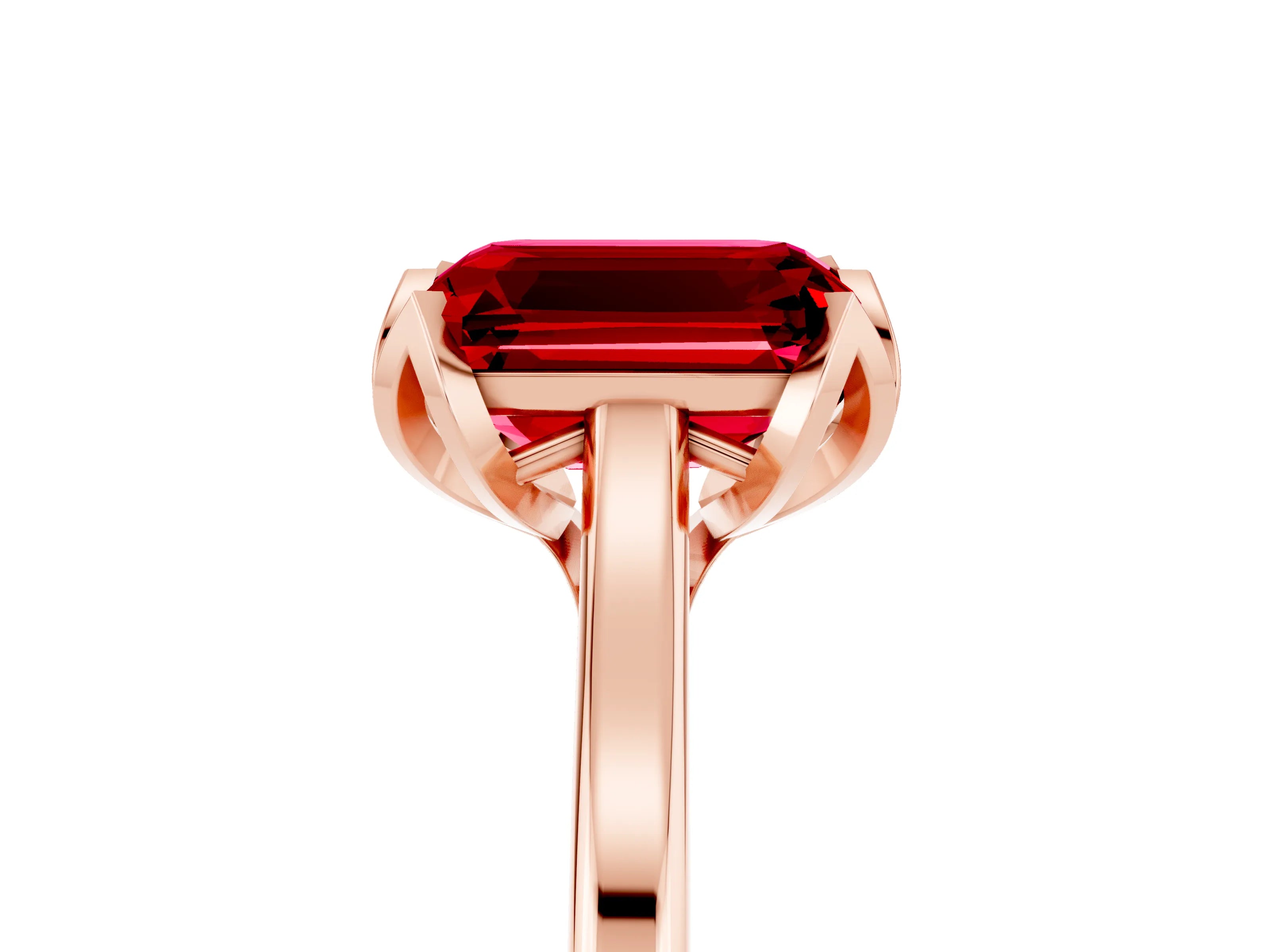 Rose gold Emerald Cut Ruby Solitaire Ring with Flower Prong Setting and Classic Band_17