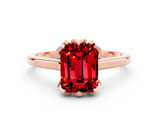 Rose gold Emerald Cut Ruby Solitaire Ring with Flower Prong Setting and Classic Band