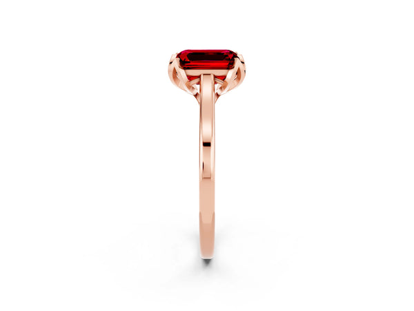 Rose gold Emerald Cut Ruby Solitaire Ring with Flower Prong Setting and Classic Band