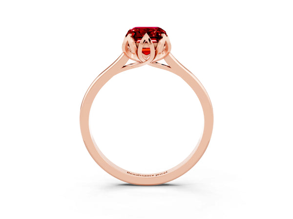 Rose gold Emerald Cut Ruby Solitaire Ring with Flower Prong Setting and Classic Band