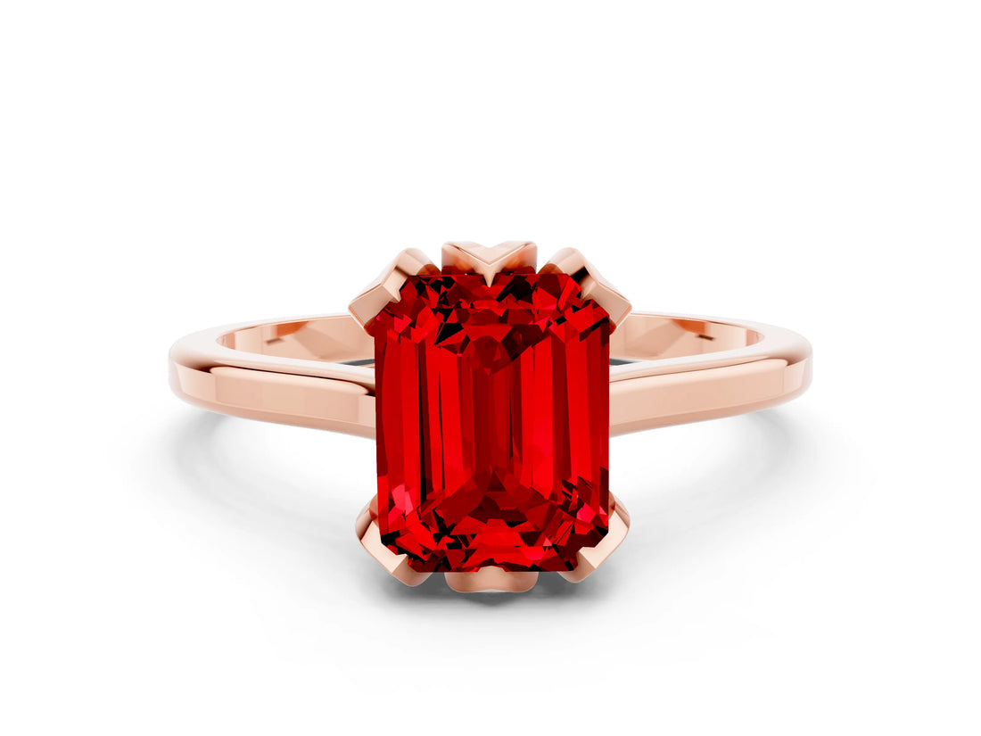 Rose gold Emerald Cut Ruby Solitaire Ring with Flower Prong Setting and Classic Band_37