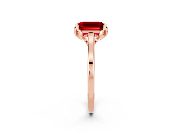 Rose Gold Emerald Cut Lab-Grown Ruby Floral Solitaire Engagement Ring with Plain Band
