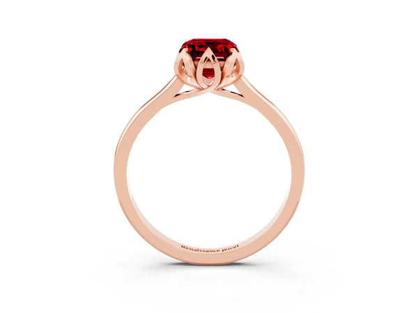 Rose Gold Emerald Cut Lab-Grown Ruby Floral Solitaire Engagement Ring with Plain Band