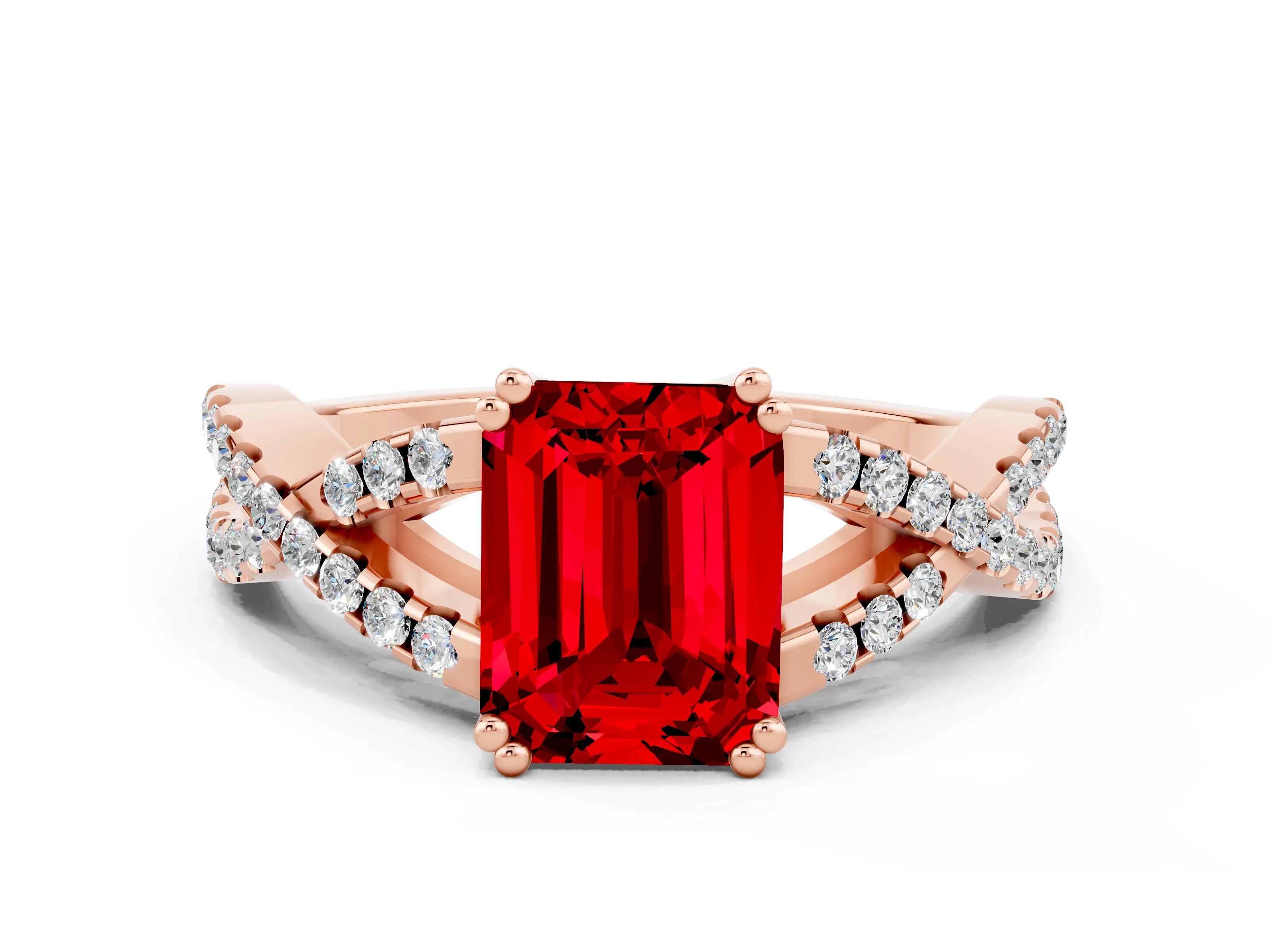 Rose gold Emerald Cut Ruby Solitaire Ring with Four-Prong Setting and Twisted Pavé Band