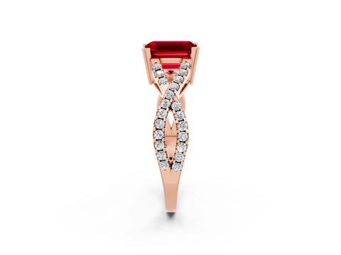 Rose gold Emerald Cut Ruby Solitaire Ring with Four-Prong Setting and Twisted Pavé Band_2
