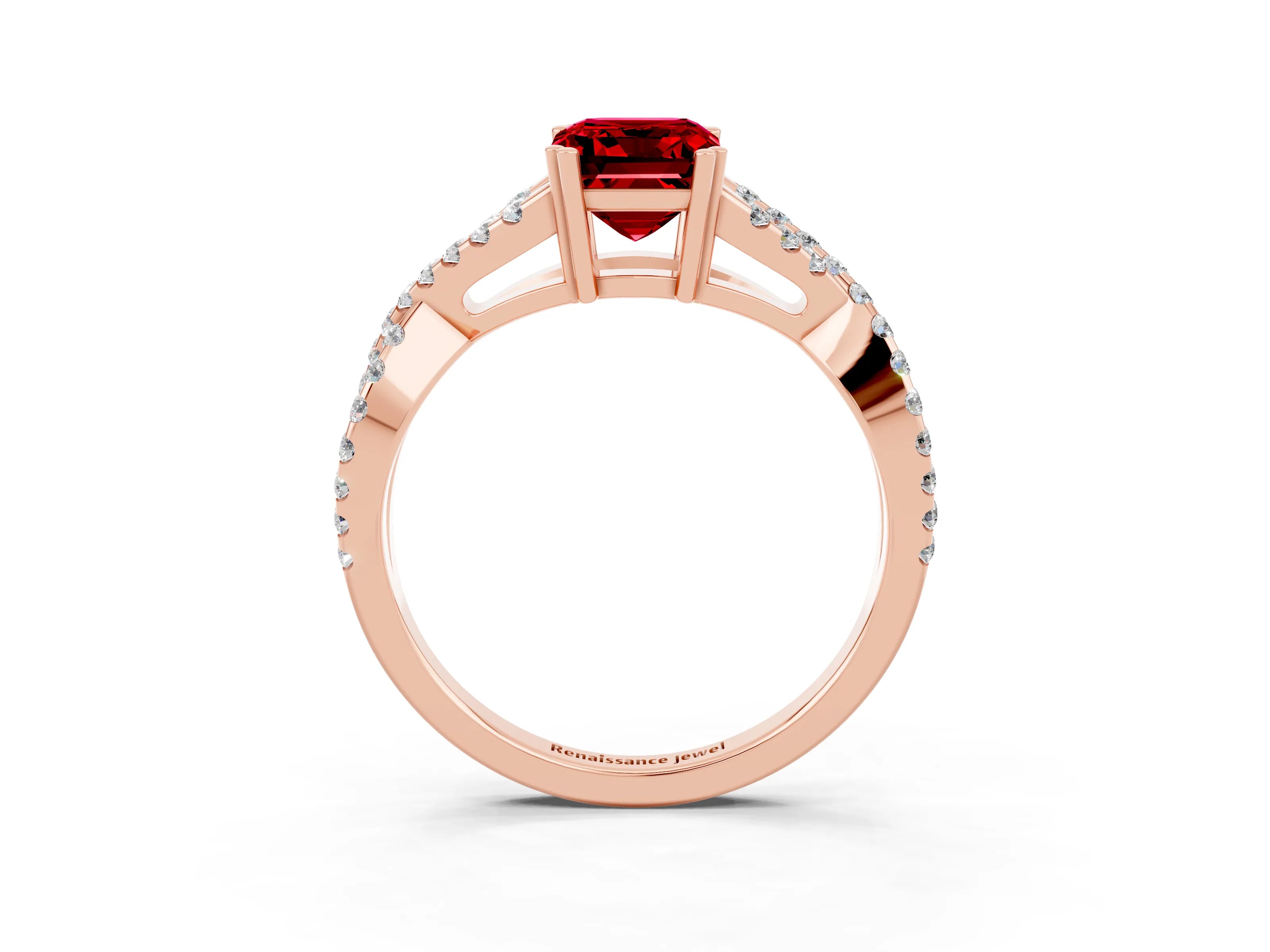 Rose gold Emerald Cut Ruby Solitaire Ring with Four-Prong Setting and Twisted Pavé Band_3
