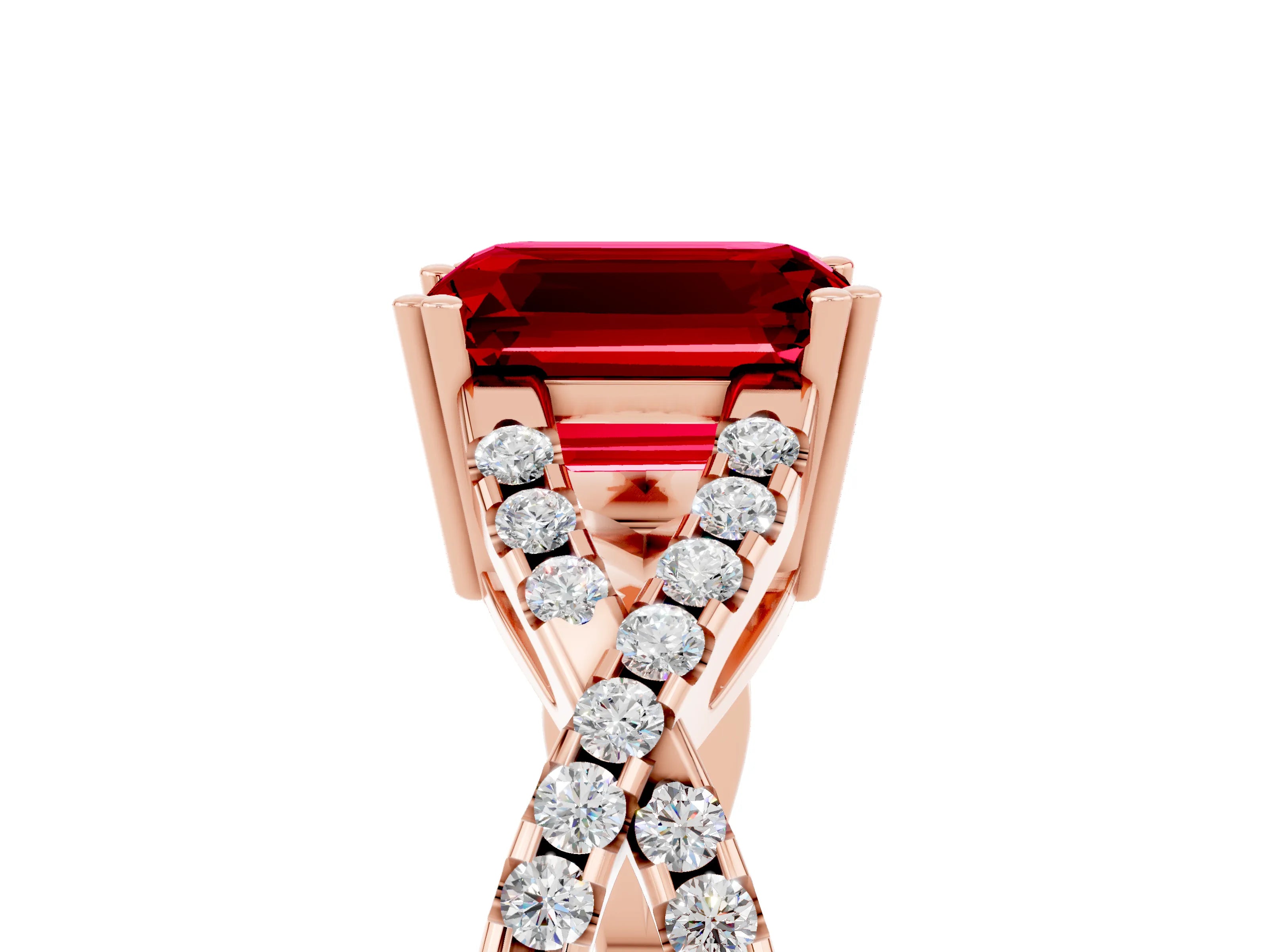 Rose gold Emerald Cut Ruby Solitaire Ring with Four-Prong Setting and Twisted Pavé Band_5