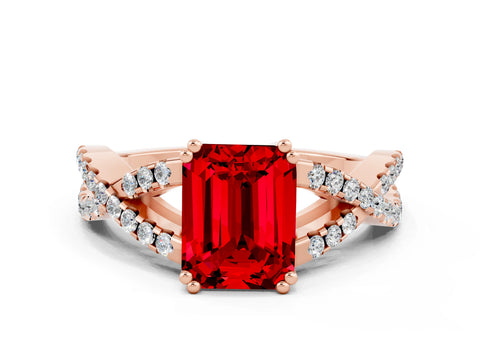 Rose gold Emerald Cut Ruby Solitaire Ring with Four-Prong Setting and Twisted Pavé Band