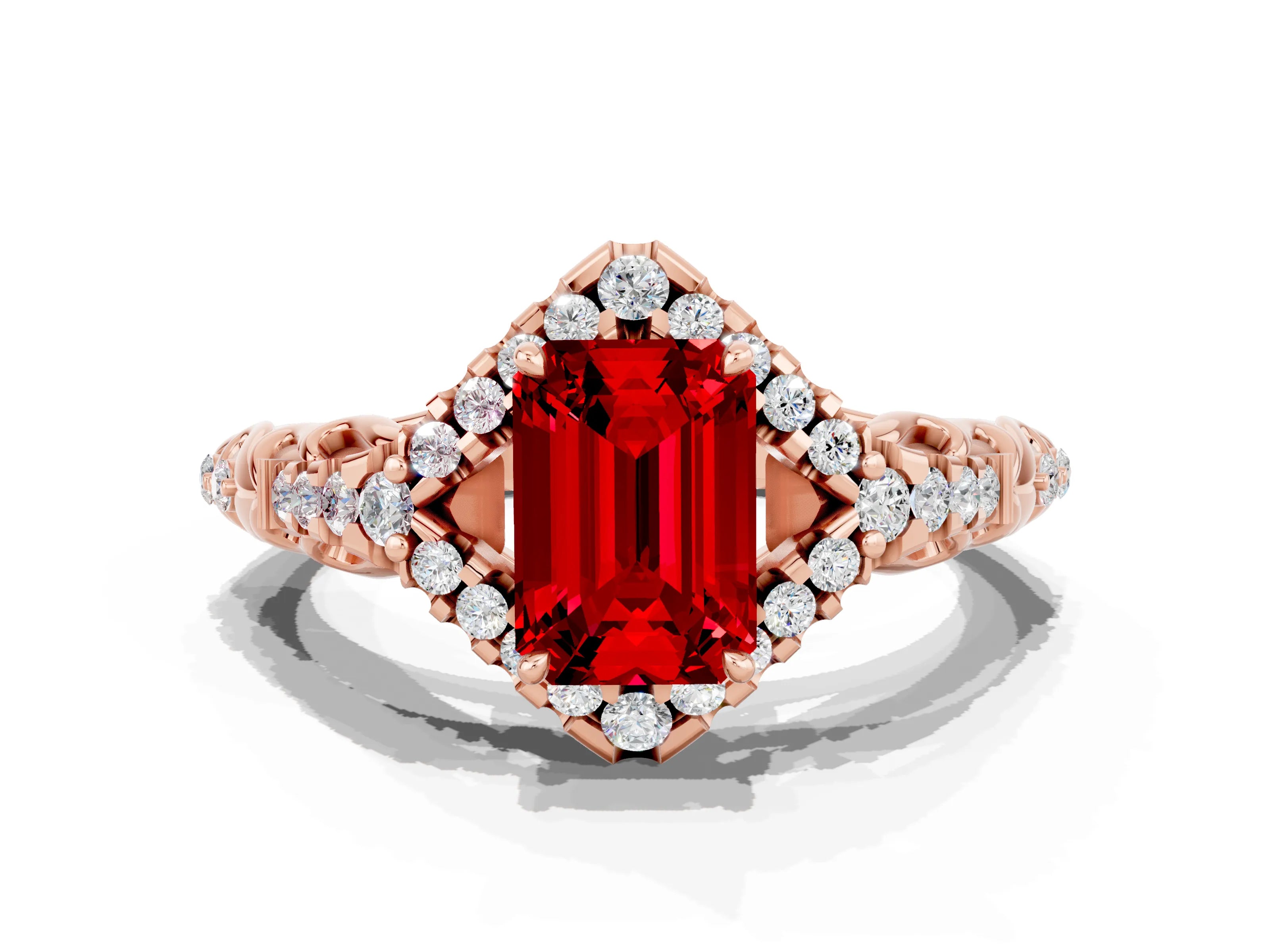 Rose gold Emerald Cut Ruby Solitaire Ring with Hidden Halo and Pavé Band_12