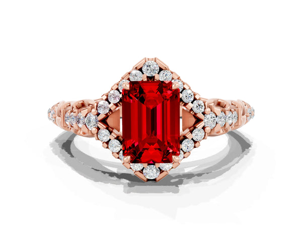 Rose gold Emerald Cut Ruby Solitaire Ring with Hidden Halo and Pavé Band