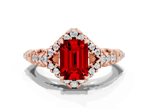 Rose gold Emerald Cut Ruby Solitaire Ring with Hidden Halo and Pavé Band_12
