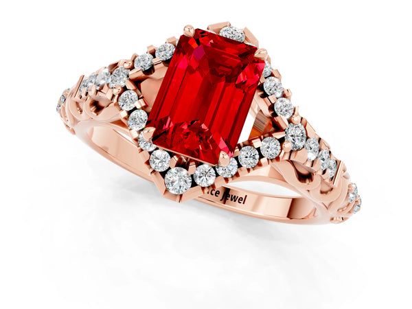 Rose gold Emerald Cut Ruby Solitaire Ring with Hidden Halo and Pavé Band