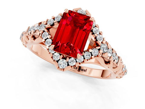 Rose gold Emerald Cut Ruby Solitaire Ring with Hidden Halo and Pavé Band_13