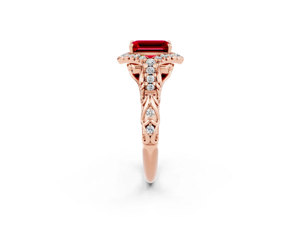 Rose gold Emerald Cut Ruby Solitaire Ring with Hidden Halo and Pavé Band