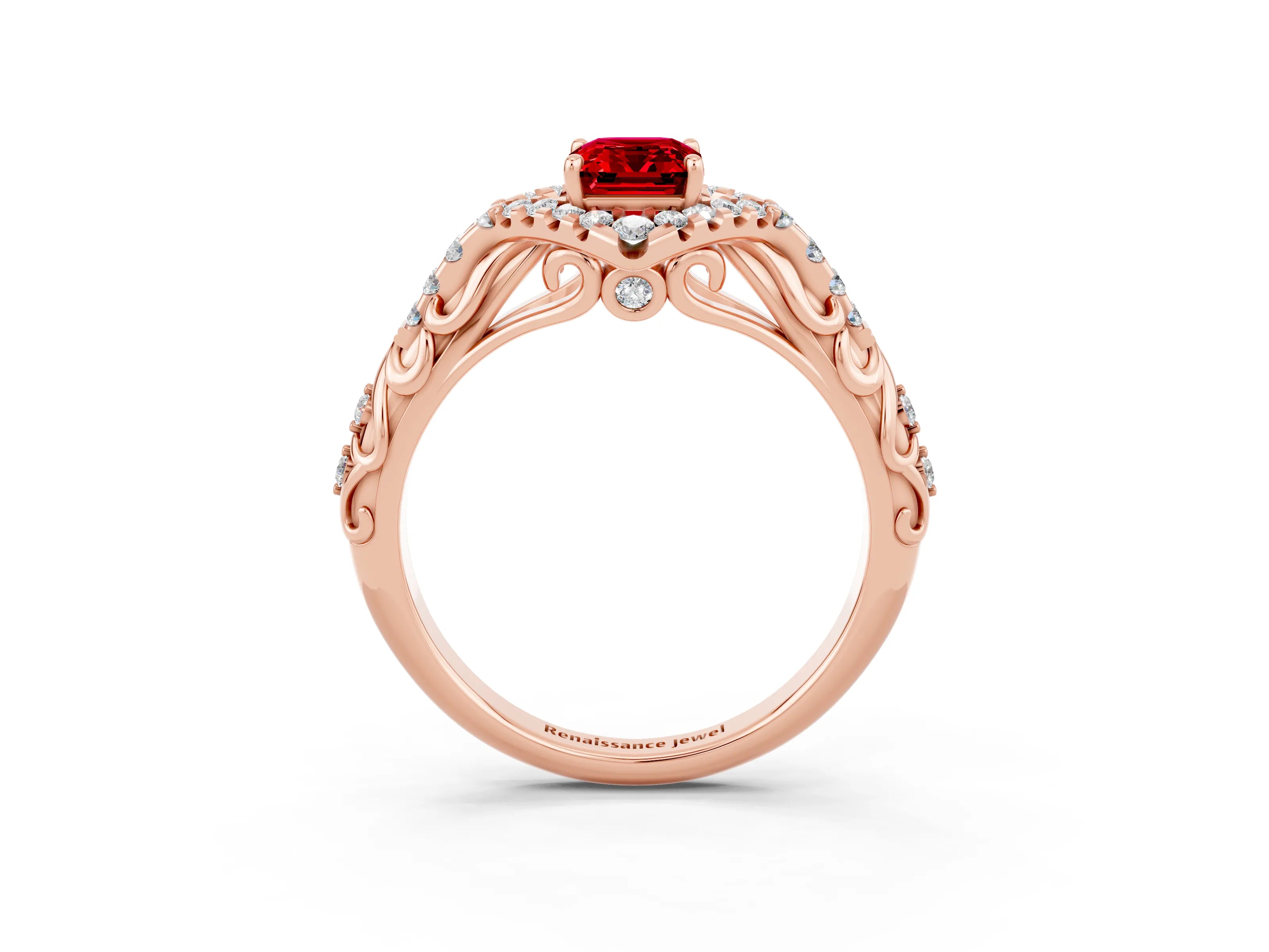 Rose gold Emerald Cut Ruby Solitaire Ring with Hidden Halo and Pavé Band_15