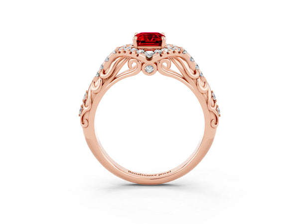 Rose gold Emerald Cut Ruby Solitaire Ring with Hidden Halo and Pavé Band