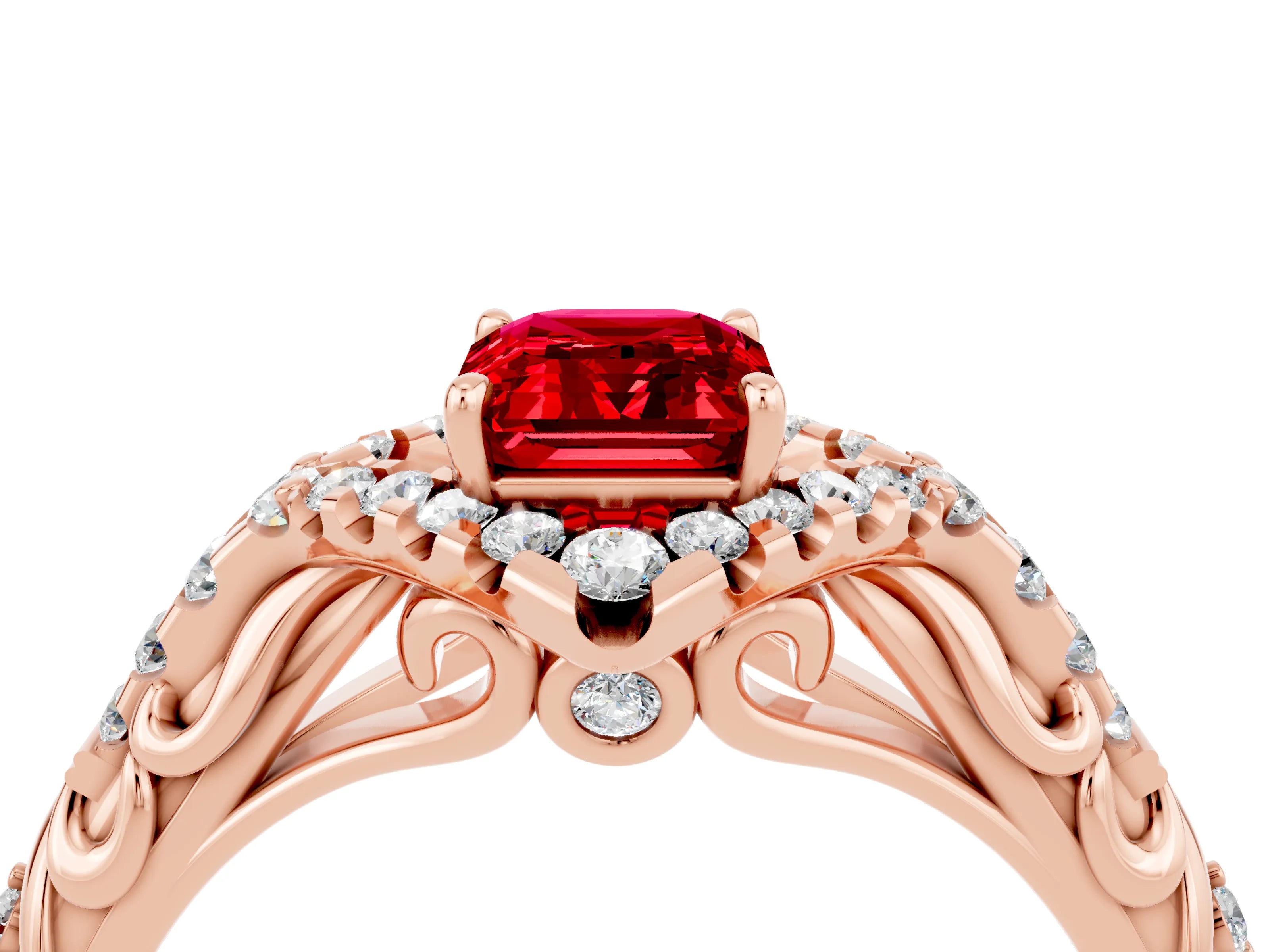 Rose gold Emerald Cut Ruby Solitaire Ring with Hidden Halo and Pavé Band_16