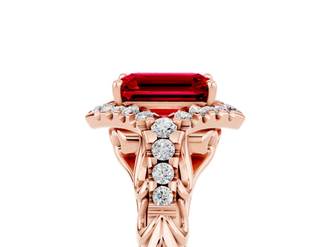 Rose gold Emerald Cut Ruby Solitaire Ring with Hidden Halo and Pavé Band_17