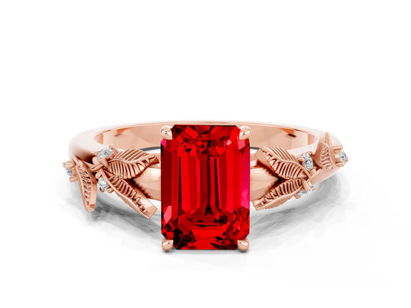 Rose gold Emerald Cut Ruby Solitaire Ring with Leaf Motif Band and Four-Prong Setting