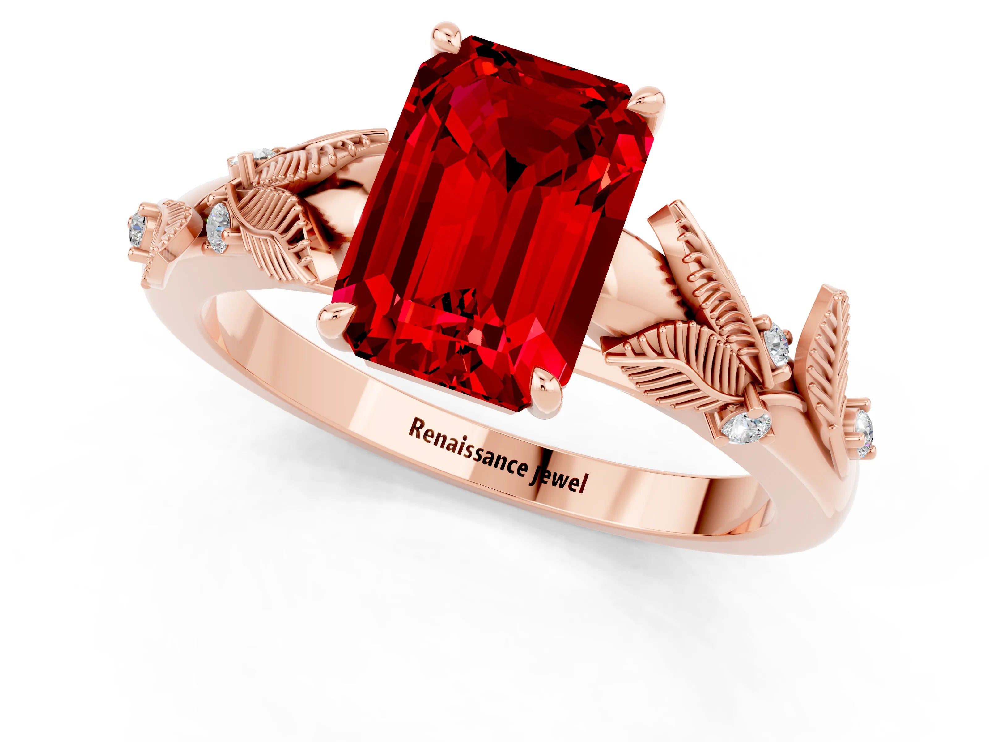 Rose gold Emerald Cut Ruby Solitaire Ring with Leaf Motif Band and Four-Prong Setting_1