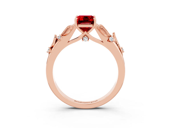 Rose gold Emerald Cut Ruby Solitaire Ring with Leaf Motif Band and Four-Prong Setting