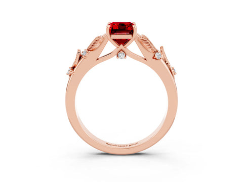 Rose gold Emerald Cut Ruby Solitaire Ring with Leaf Motif Band and Four-Prong Setting_3