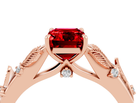 Rose gold Emerald Cut Ruby Solitaire Ring with Leaf Motif Band and Four-Prong Setting_4