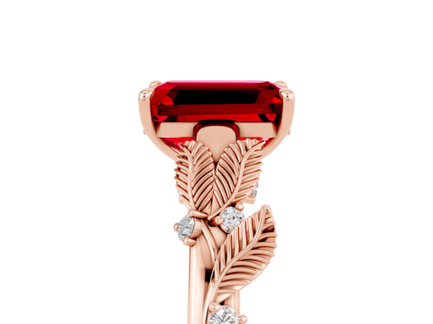 Rose gold Emerald Cut Ruby Solitaire Ring with Leaf Motif Band and Four-Prong Setting_5