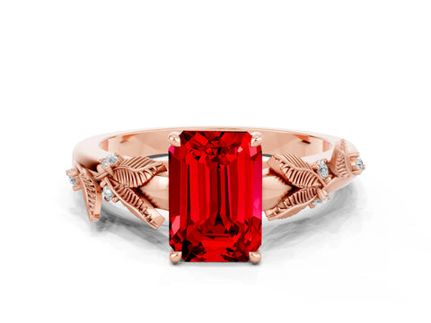 Rose gold Emerald Cut Ruby Solitaire Ring with Leaf Motif Band and Four-Prong Setting