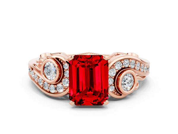 Rose gold Emerald Cut Ruby Solitaire Ring with Milgrain Pavé Band and Four-Prong Setting