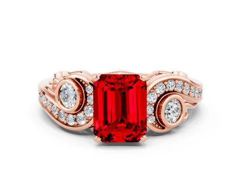 Rose gold Emerald Cut Ruby Solitaire Ring with Milgrain Pavé Band and Four-Prong Setting_24