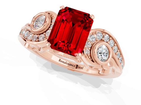 Rose gold Emerald Cut Ruby Solitaire Ring with Milgrain Pavé Band and Four-Prong Setting_25