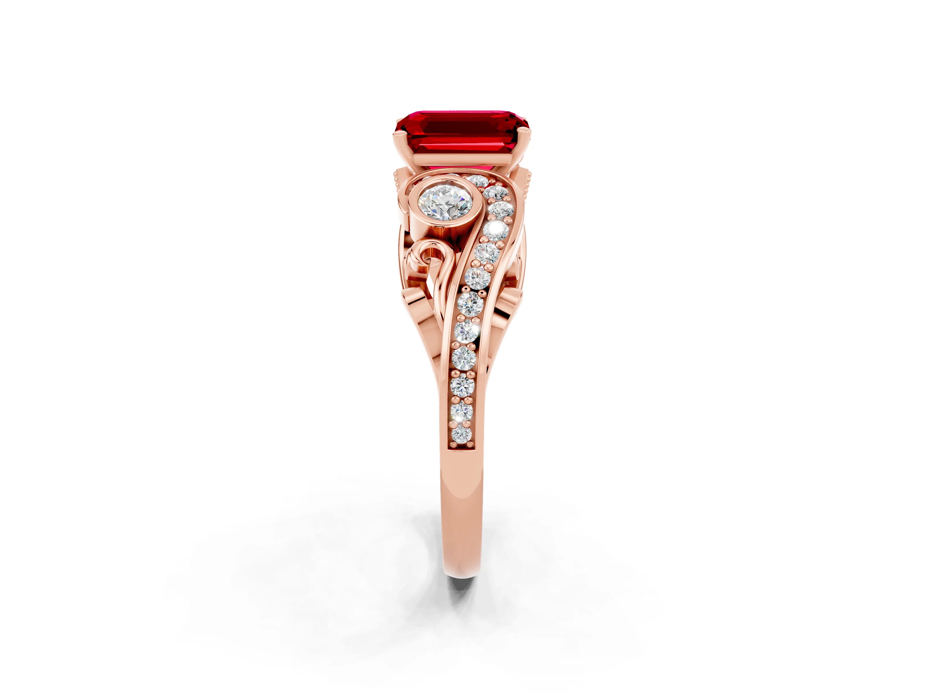 Rose gold Emerald Cut Ruby Solitaire Ring with Milgrain Pavé Band and Four-Prong Setting_26