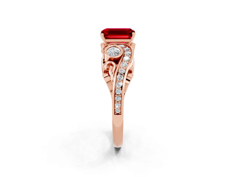 Rose gold Emerald Cut Ruby Solitaire Ring with Milgrain Pavé Band and Four-Prong Setting_26