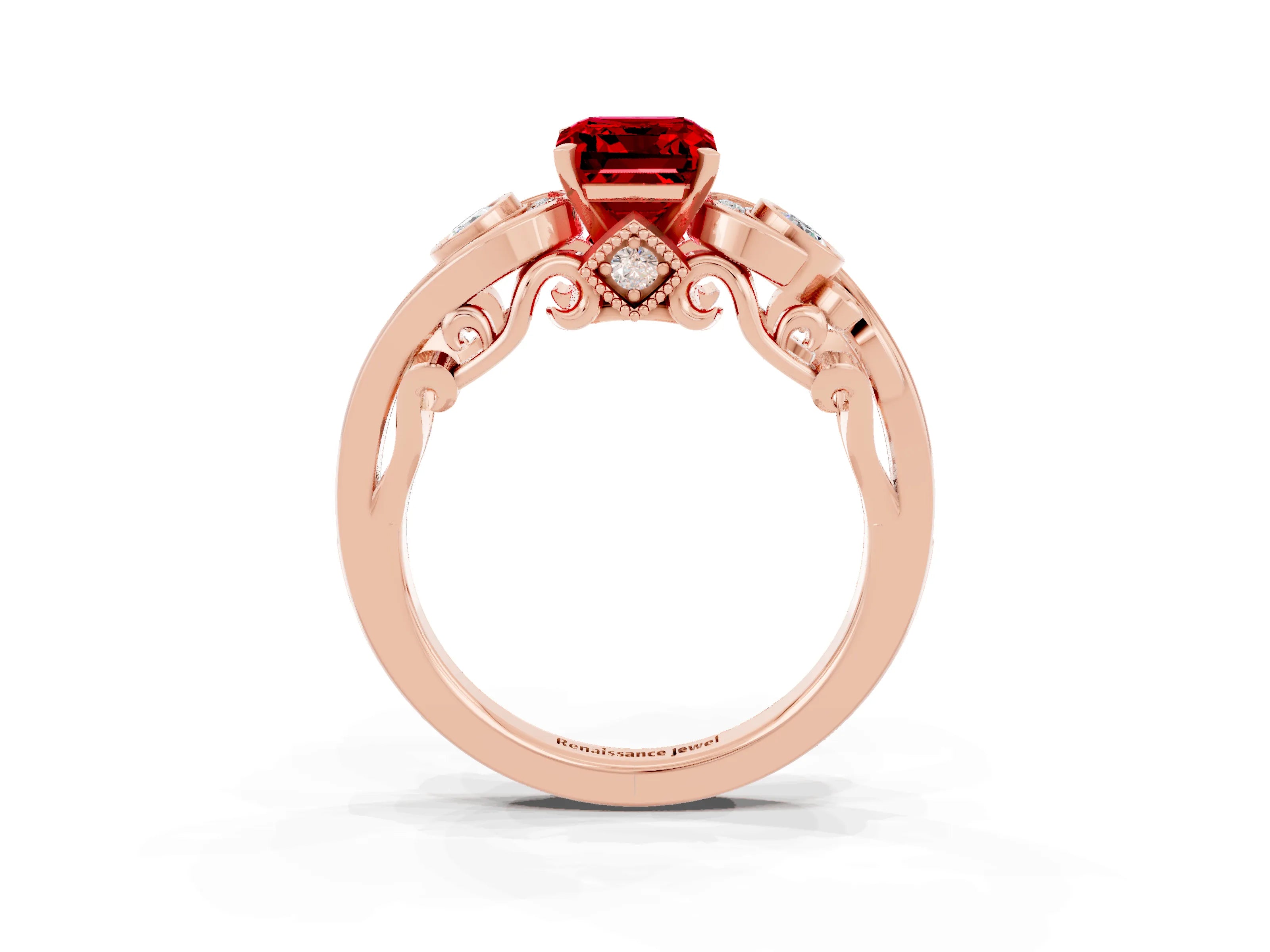 Rose gold Emerald Cut Ruby Solitaire Ring with Milgrain Pavé Band and Four-Prong Setting_27