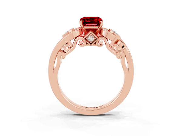 Rose gold Emerald Cut Ruby Solitaire Ring with Milgrain Pavé Band and Four-Prong Setting