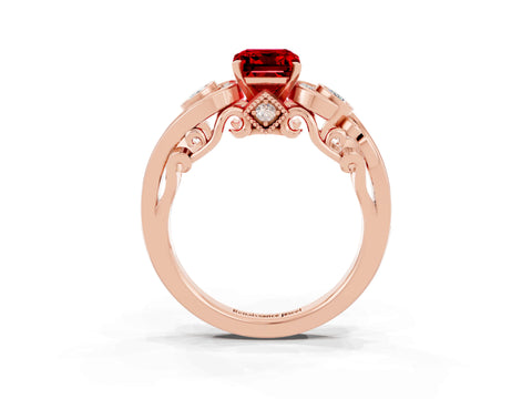 Rose gold Emerald Cut Ruby Solitaire Ring with Milgrain Pavé Band and Four-Prong Setting_27
