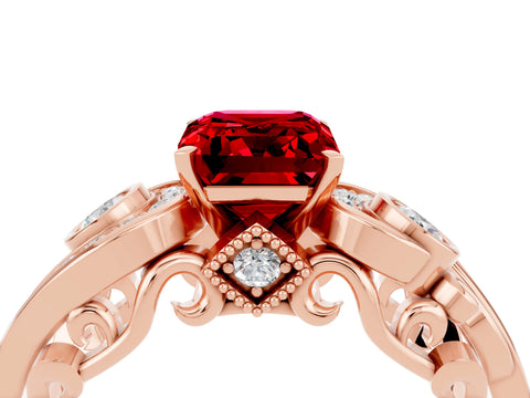 Rose gold Emerald Cut Ruby Solitaire Ring with Milgrain Pavé Band and Four-Prong Setting_28