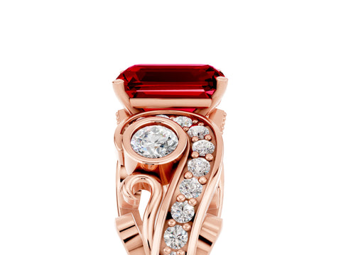 Rose gold Emerald Cut Ruby Solitaire Ring with Milgrain Pavé Band and Four-Prong Setting_29