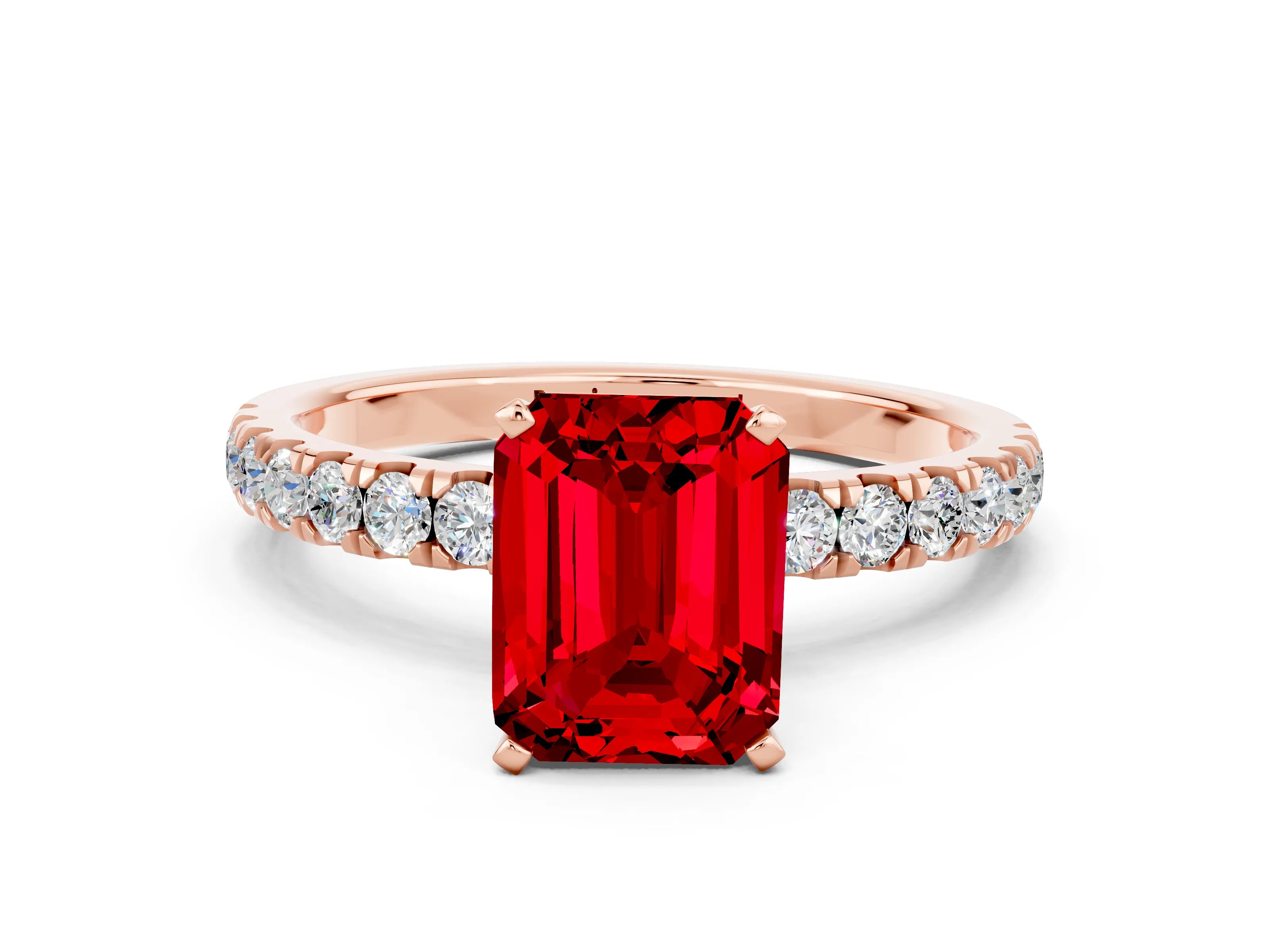 Rose gold Emerald Cut Ruby Solitaire Ring with Pavé Accents and Four-Prong Setting