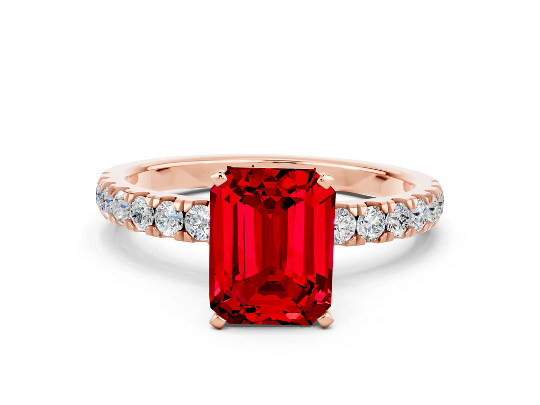 Rose gold Emerald Cut Ruby Solitaire Ring with Pavé Accents and Four-Prong Setting