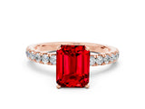 Rose gold Emerald Cut Ruby Solitaire Ring with Pavé Accents and Four-Prong Setting