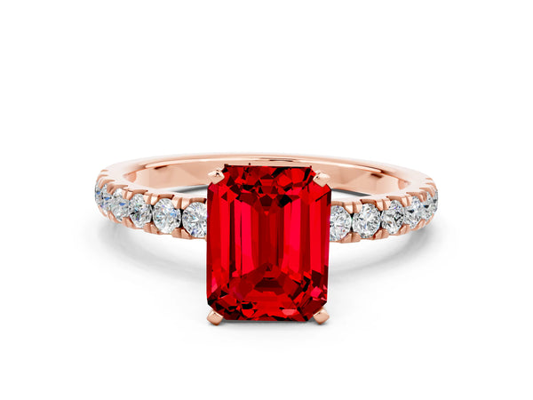 Rose gold Emerald Cut Ruby Solitaire Ring with Pavé Accents and Four-Prong Setting