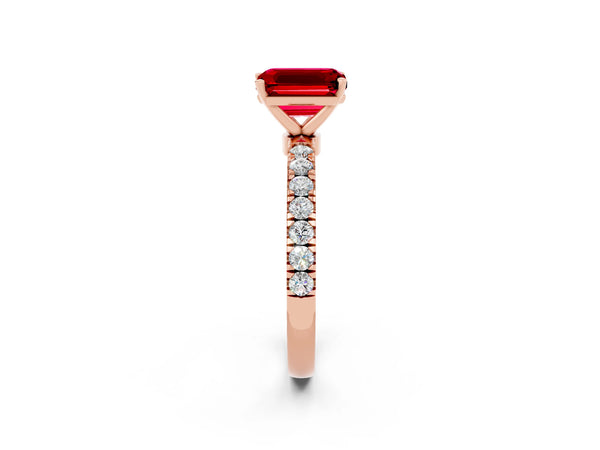 Rose gold Emerald Cut Ruby Solitaire Ring with Pavé Accents and Four-Prong Setting